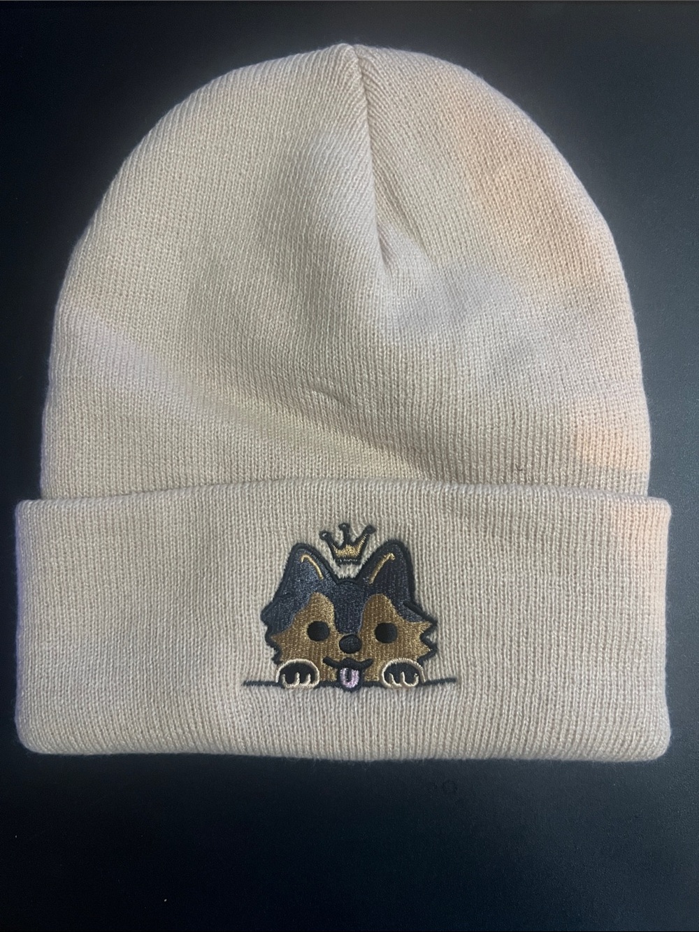 Kids Cream Beanie with Crown Puppy Patch